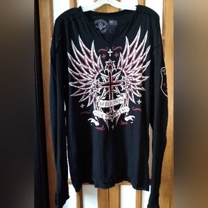 Mens Affliction Longsleeve T Shirt, Black Red White, Cross, Skull, V Neck Sz L
